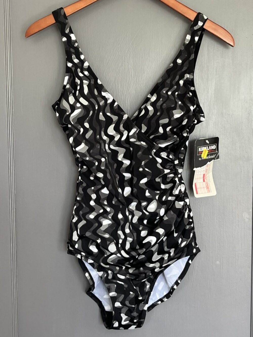 NWT Kirkland Miraclesuit Crossover Drape One Piece Swimsuit Black Multi Size 10